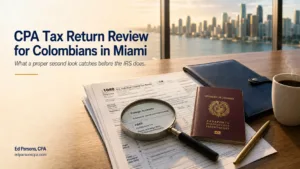 CPA tax return review for Colombians in Miami showing Form 1040, magnifying glass, Colombian passport, and Miami skyline at golden hour.