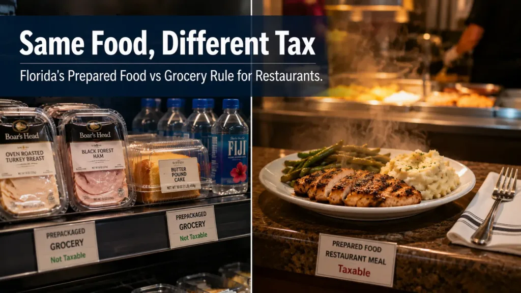 Florida restaurant case showing packaged exempt groceries beside a taxable hot prepared meal.