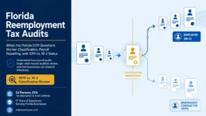Editorial illustration showing a Florida reemployment tax audit process where worker records are reviewed and classified as employees or independent contractors during a payroll tax examination.