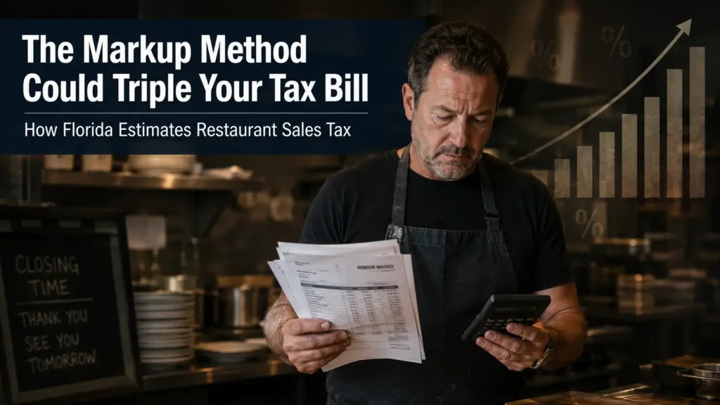 Florida restaurant owner reviewing vendor invoices as the markup method estimates sales tax.