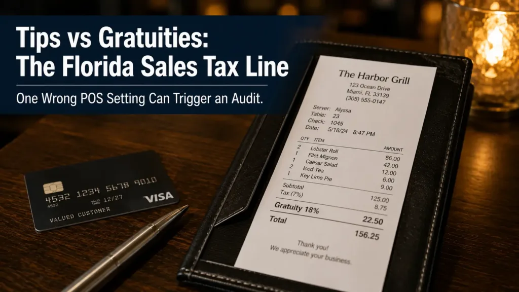 Florida restaurant receipt showing a separately stated mandatory gratuity line.