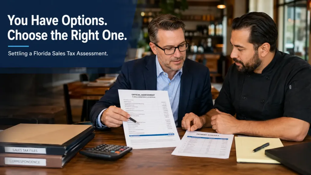 Florida restaurant owner reviewing sales tax assessment payment and compromise options with a CPA