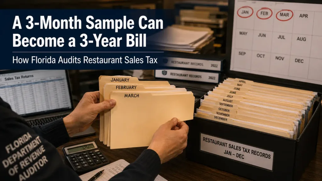 Florida auditor selecting a few sample months from a restaurant's sales tax records.