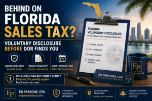 Florida sales tax voluntary disclosure hero image showing back tax resolution, penalty relief, compliance planning, and voluntary disclosure before a Department of Revenue audit.