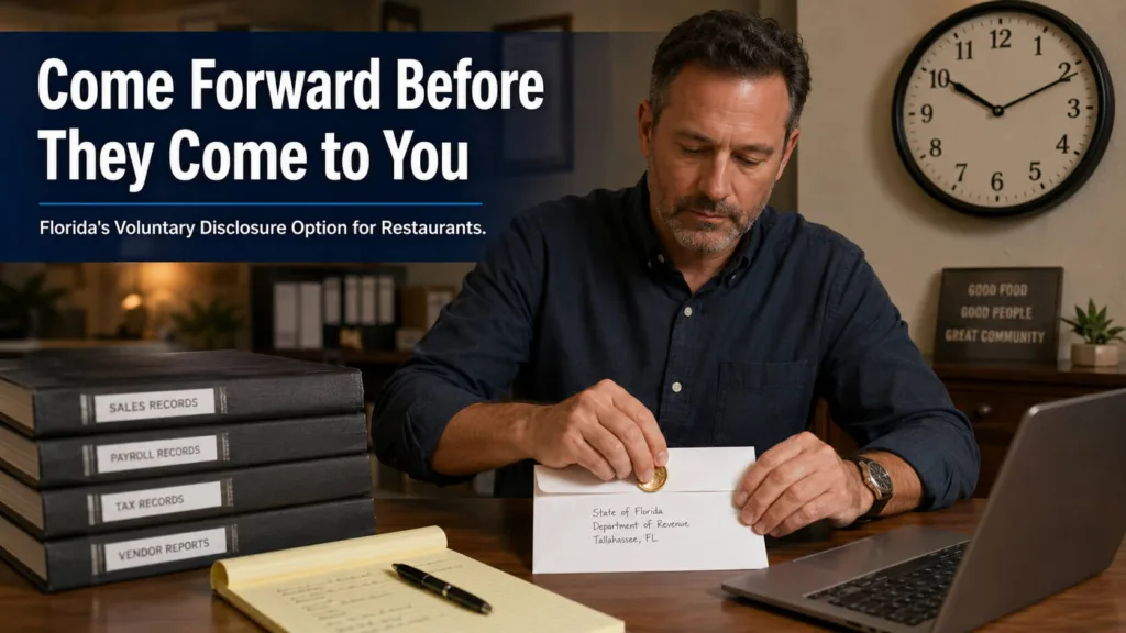 Florida restaurant owner preparing a voluntary disclosure to the Department of Revenue before an audit.