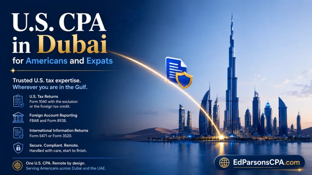 U.S. CPA in Dubai providing remote tax services for Americans and expats, featuring a Dubai skyline connected to the United States through a secure tax and compliance network.