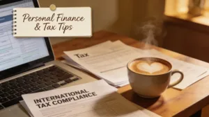 Warm workspace with laptop and tax documents, highlighting international tax compliance themes