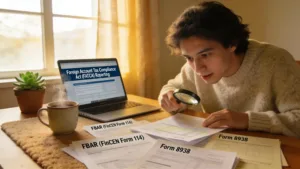 Individual in a cozy workspace reviewing foreign account reporting documents with a laptop and coffee