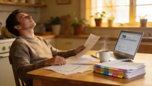 Cozy kitchen scene with a person reviewing tax documents and coffee, representing streamlined tax compliance for U.S. taxpayers