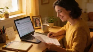 Lifestyle image of a person at a home workspace reviewing tax documents, symbolizing streamlined filing benefits