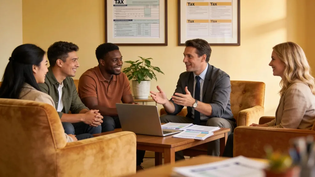 Key Differences in IRS Streamlined Filing Options Explained Group of diverse taxpayers consulting with a CPA about IRS streamlined filing options in a cozy office