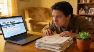 U.S. taxpayer in a cozy home office reviewing financial documents related to FATCA compliance.