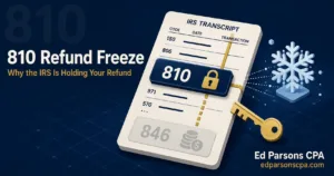 IRS transcript showing Code 810 refund freeze with locked padlock, frozen refund flow, and faded 846 refund code illustration.