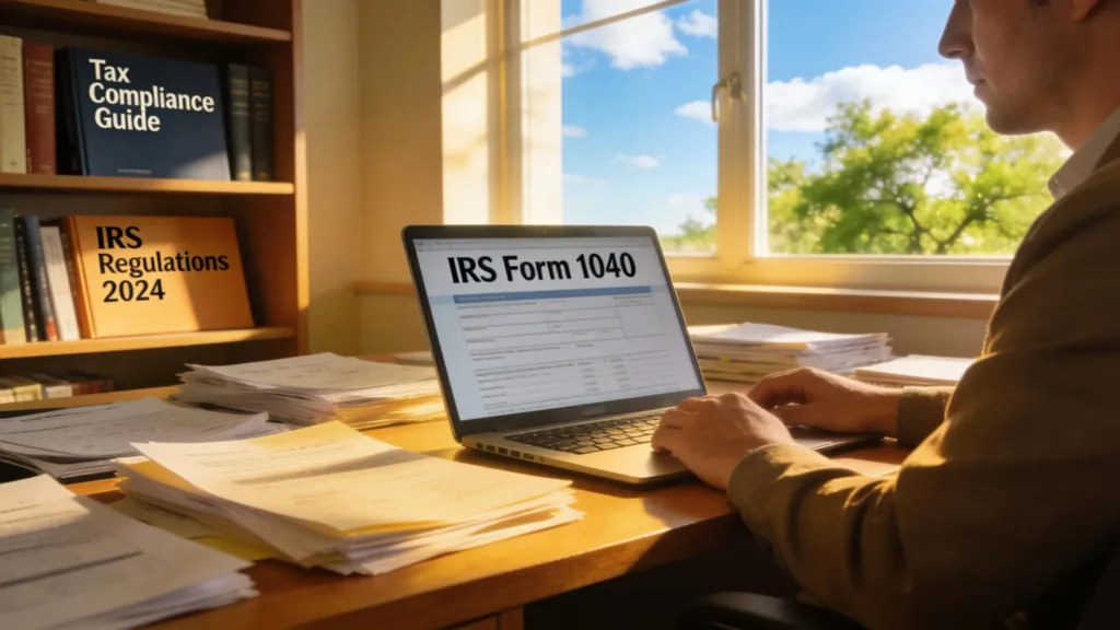 IRS Streamlined Procedures vs. Regular Filing A cozy office space with an individual reviewing IRS tax documents, symbolizing tax compliance