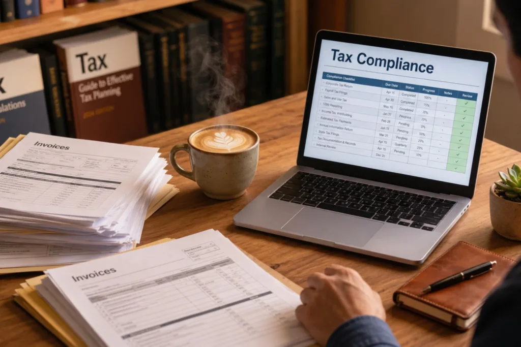 Eligibility for IRS Streamlined Filing Options Person at a cozy desk working on tax compliance paperwork with a laptop and coffee