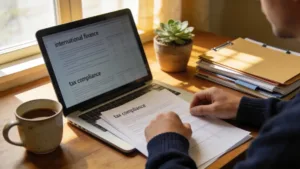 Cozy workspace with a laptop and tax documents representing FBAR compliance and international financial reporting.
