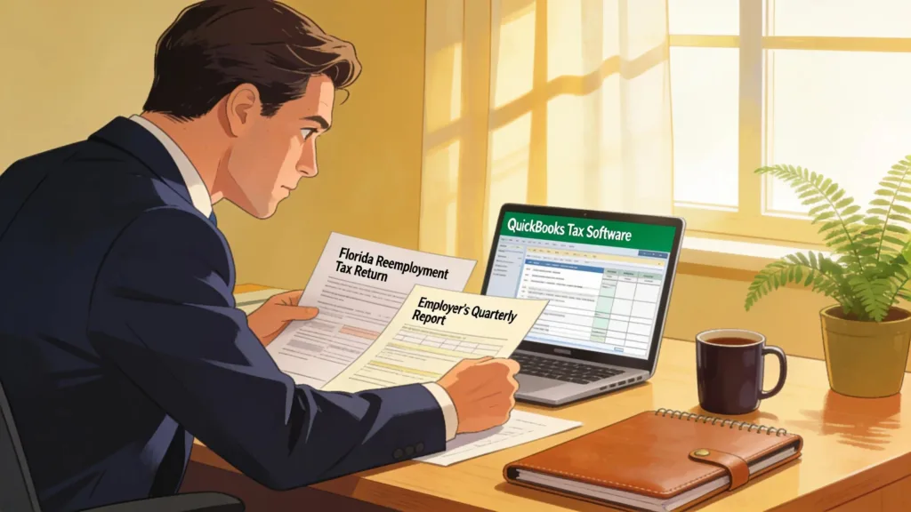 Key Insights into Florida's Reemployment Tax Audit Process Business professional reviewing Florida reemployment tax documents in an office setting