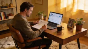 U.S. expat in a cozy home office working on tax documents, embodying streamlined filing procedure insights