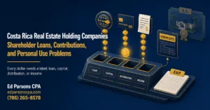 Hero illustration showing money sorted into loan, capital, distribution, and income categories before Form 5471 reporting for a Costa Rica real estate holding company.
