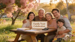 Australian family celebrating together outdoors with documents related to family trusts