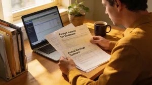 Taxpayer reviewing foreign income tax documents in a cozy workspace