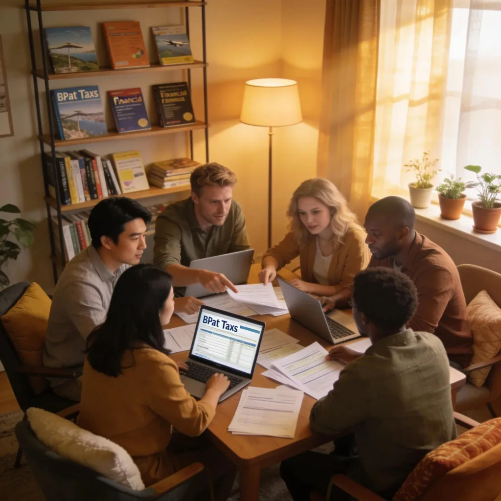 CPA Guide: How to Achieve Expat Compliance Easily Diverse expatriates collaborating in a cozy home office setting while engaging with tax compliance documents