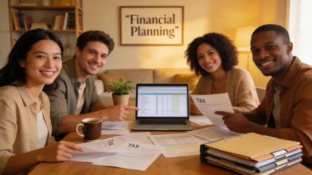 Hidden Costs in the IRS Streamlined Process Group of individuals collaboratively discussing tax documents in a warm environment