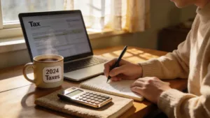 Person reviewing tax documents at a cozy desk