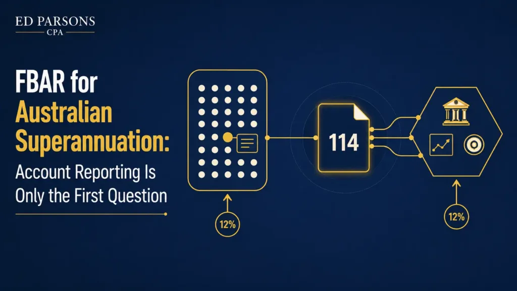 Editorial illustration comparing pooled and individual Australian superannuation fund structures with an FBAR Form 114 document to explain foreign account reporting considerations.