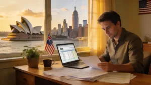 An expatriate managing tax compliance with a laptop in a home office, symbolizing dual citizenship between Australia and the US