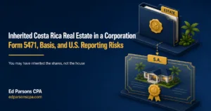 Hero illustration showing an estate folder transferring ownership to a Costa Rica property held through a foreign corporation, highlighting Form 5471, tax basis, and U.S. reporting considerations.