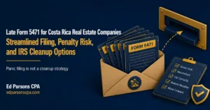 Hero illustration showing late Form 5471 filings, streamlined filing procedures, and IRS cleanup planning for Costa Rica real estate companies with supporting tax documents.