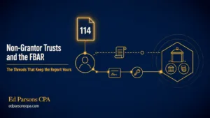 Editorial hero illustration explaining FBAR reporting for non-grantor foreign trusts, showing a settlor, trust accounts, retained authority, and FinCEN Form 114 reporting connections.