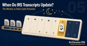 Illustration showing the IRS transcript update schedule with daily and weekly processing cycles, highlighting Friday updates for weekly cycle codes.