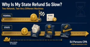 Infographic comparing federal and state tax refund processing, showing the federal refund completed while the state refund is delayed by review, fraud screening, paperwork, and offset checks.