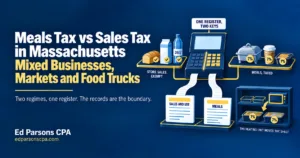 Massachusetts meals tax vs sales tax infographic comparing exempt store sales, taxed prepared meals, POS records, and heating-unit rules