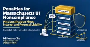 Massachusetts UI noncompliance penalties showing worker misclassification fines, interest, and personal liability