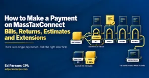 MassTaxConnect payment guide showing bill, period, return and estimated tax payment options